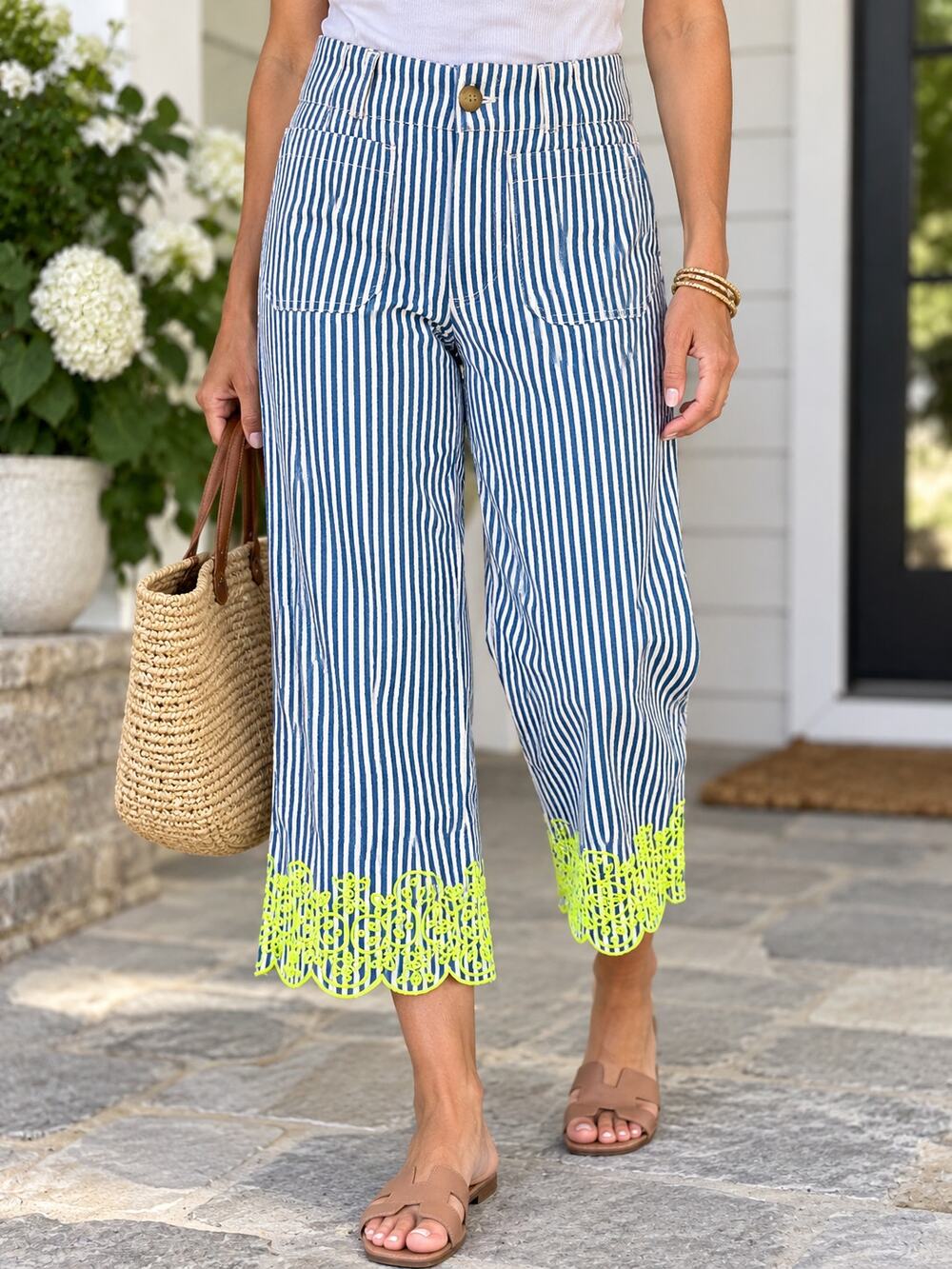 NWT Anthropologie Maeve The Colette Linen Stripe Embroidered Pants Women's 4P